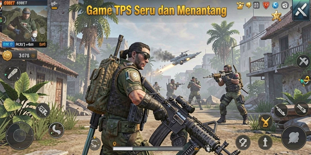 Screenshot utama 69BET menampilkan aksi seru di arena TPS.