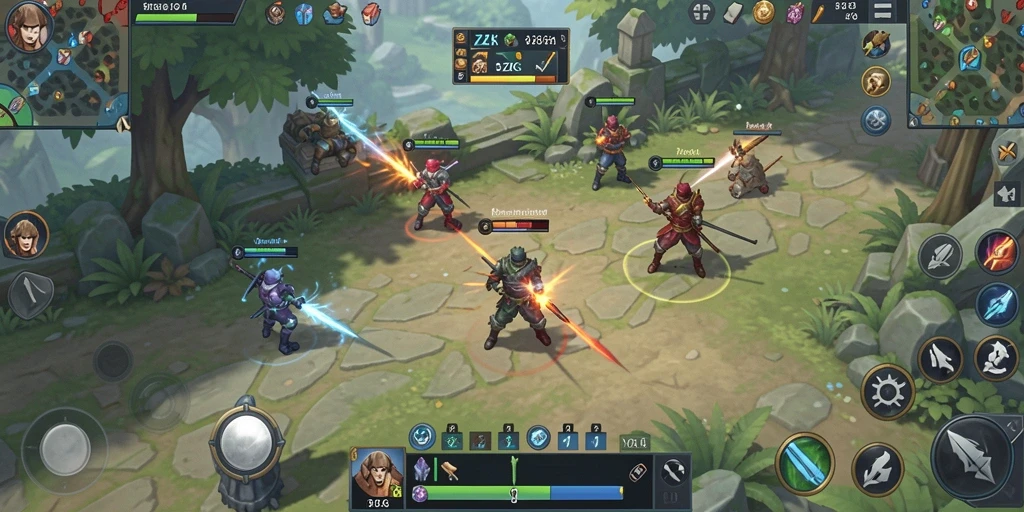 Tangkapan layar utama gameplay 8ZK yang menunjukkan pertarungan dan pembangunan.