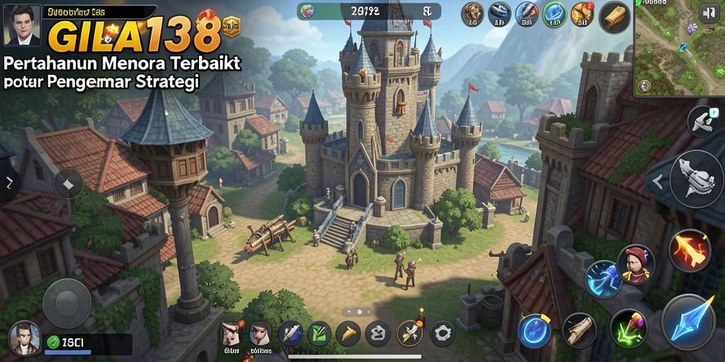 Screenshot gameplay GILA138 menampilkan pertarungan menara melawan gelombang musuh.