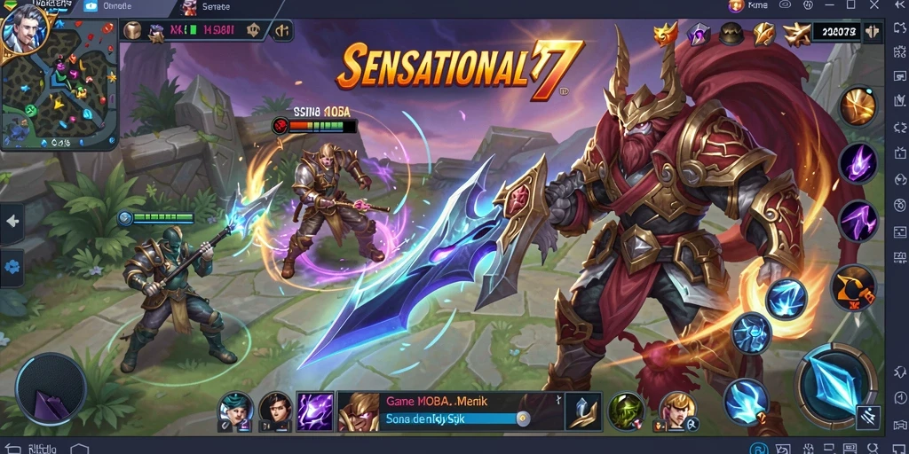 Tampilan gameplay MOBA dengan karakter dan pertempuran seru.